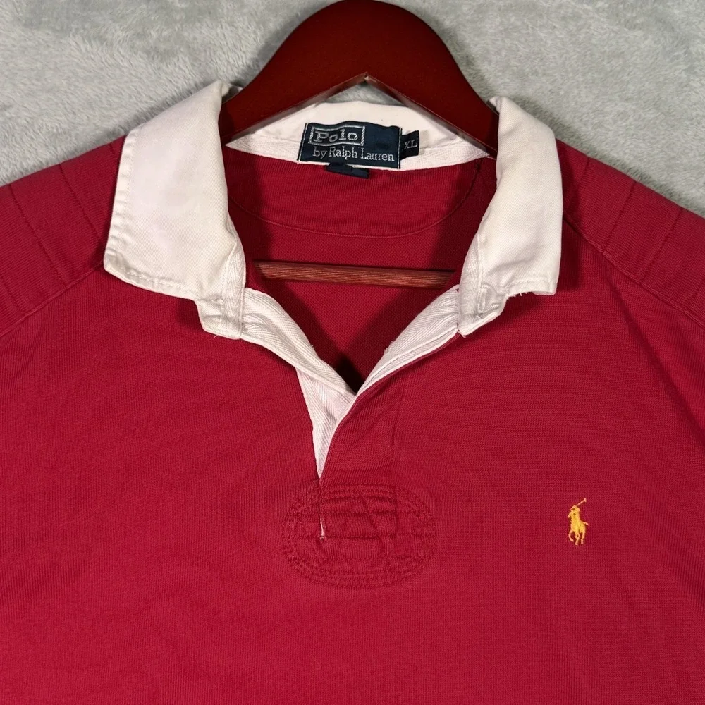 Polo Ralph Lauren Rugby Shirt Mens XL Red Elbow Patch Long Sleeve White Collar - Picture 4 of 10